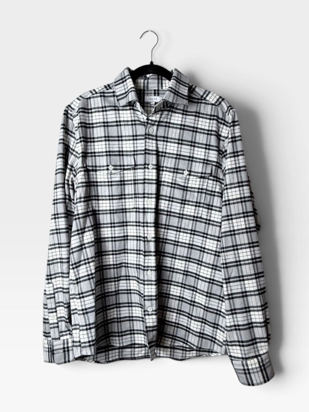Reiss Plaid Button Down Shirt Men's Size XL Black and White Striped Flannel (W)